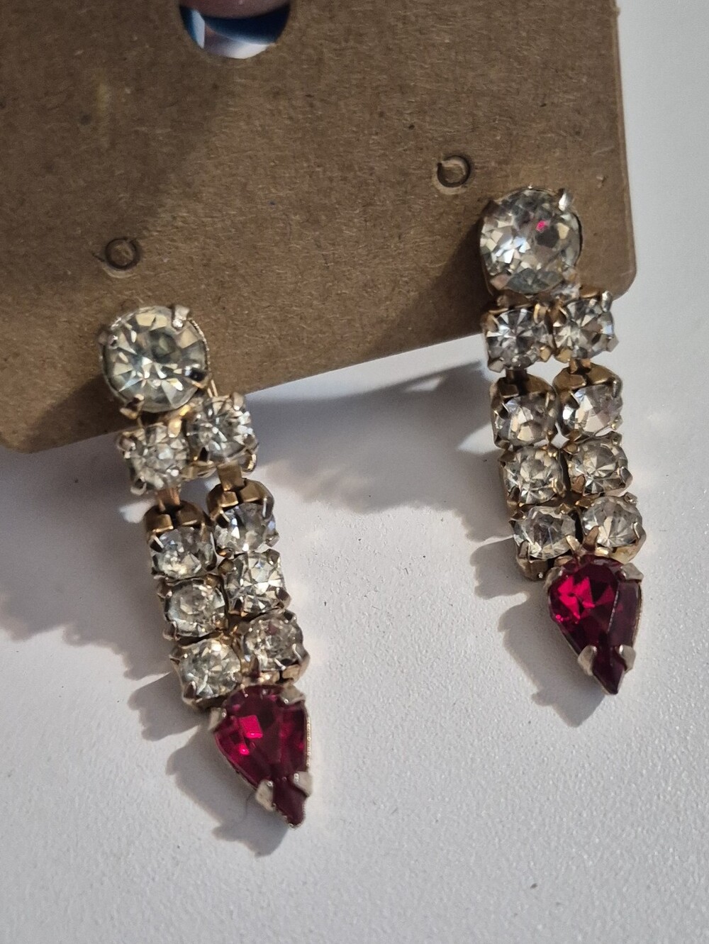 Antique Teardrop Earrings Rhinestone Ruby Red & White Stones Clipon